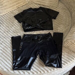Sleek Black Faux Leather Leggings and Top Set